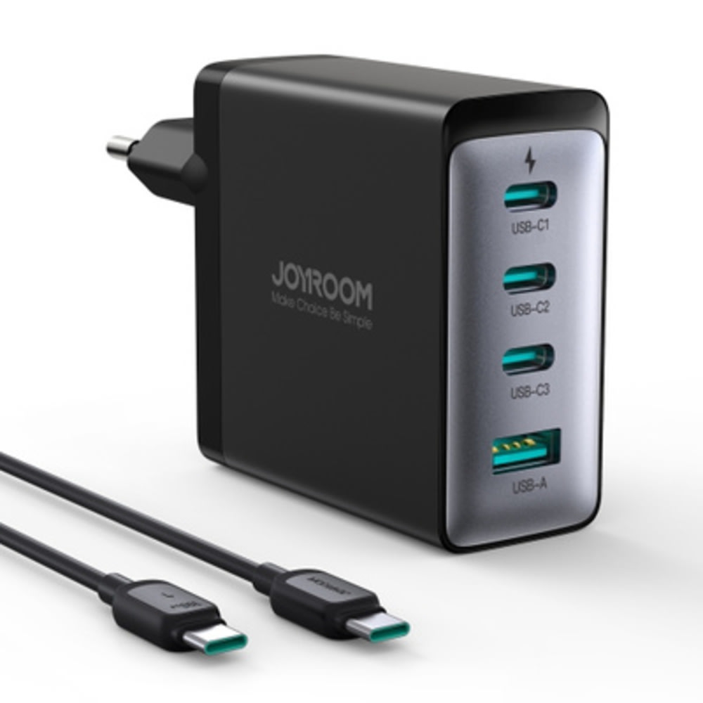 Fali töltő Joyroom 100W GaN technológiával, három USB-C és egy USB-A bemenettel, valamint USB-C–USB-C gyorstöltő kábellel – fekete