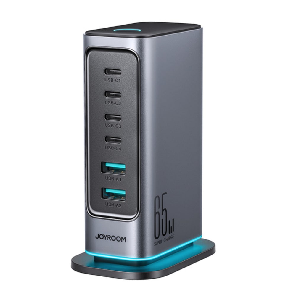 Függőleges töltő és elosztó Joyroom "JR-TCM02" GaN technológiával 65W, négy USB-C és két USB-A bemenettel, mellékelt kábellel – szürke