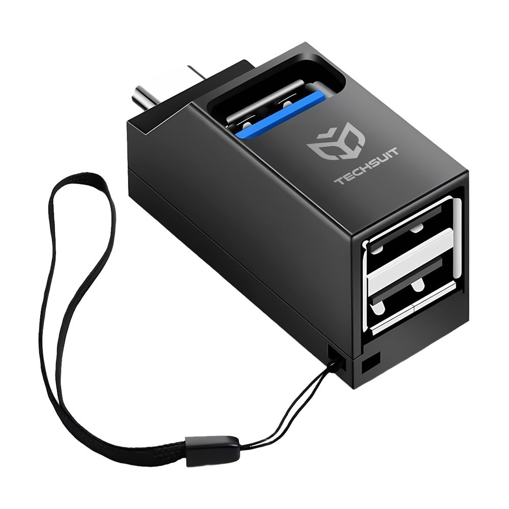 USB bővítőállomás Techsuit "Echolink H10" USB-C csatlakozással, 1× USB 3.0 és 2× USB 2.0 porttal – fekete