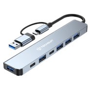 Multifunkciós USB hub Techsuit "DataBridge H6" 7 csatlakozóval (USB-A és USB-C) – szürke