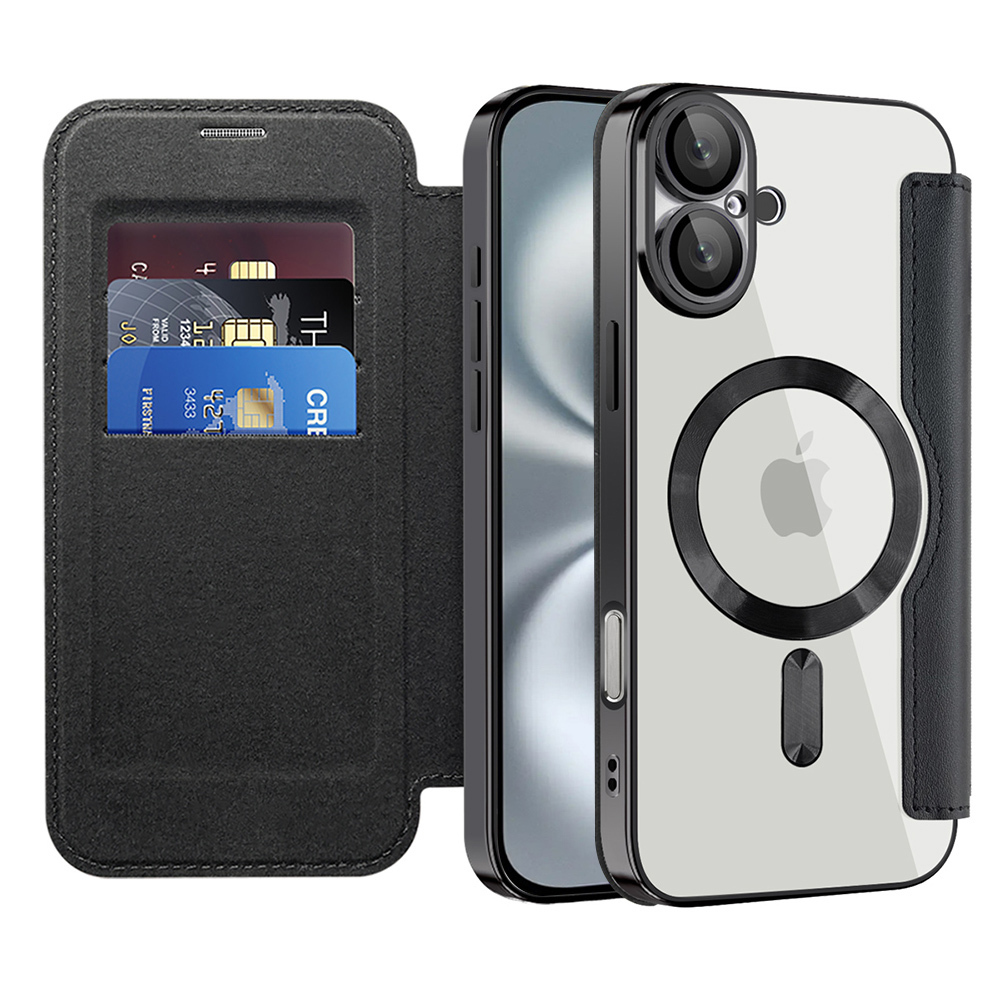 Nyitható tok "SmartMag Book" MagSafe technológiával és RFID pénztárcával iPhone 16 Plus készülékekhez - black