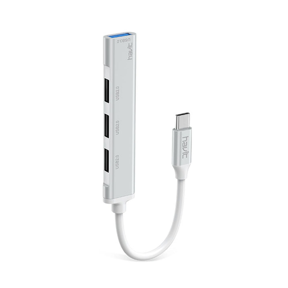 Alumínium USB hub állomás Havit "HB41" négy USB kimenettel – 3x USB 2.0, 1x USB 3.0 – ezüst – USB-C csatlakozóval
