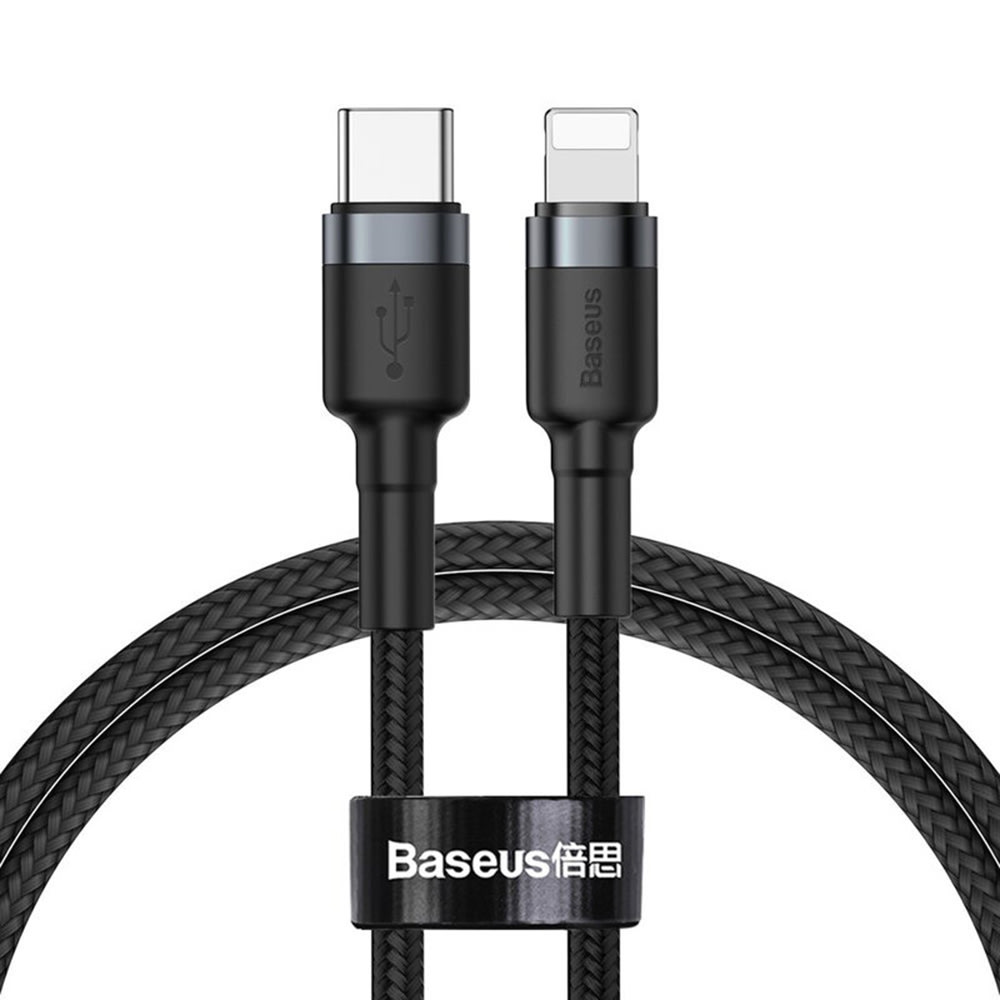Töltő- és adatkábel Baseus "Cafule G1" USB-C–Lightning 480 Mbps gyors adatátvitellel, nejlonfonattal és 18W gyorstöltéssel – 1m – fekete
