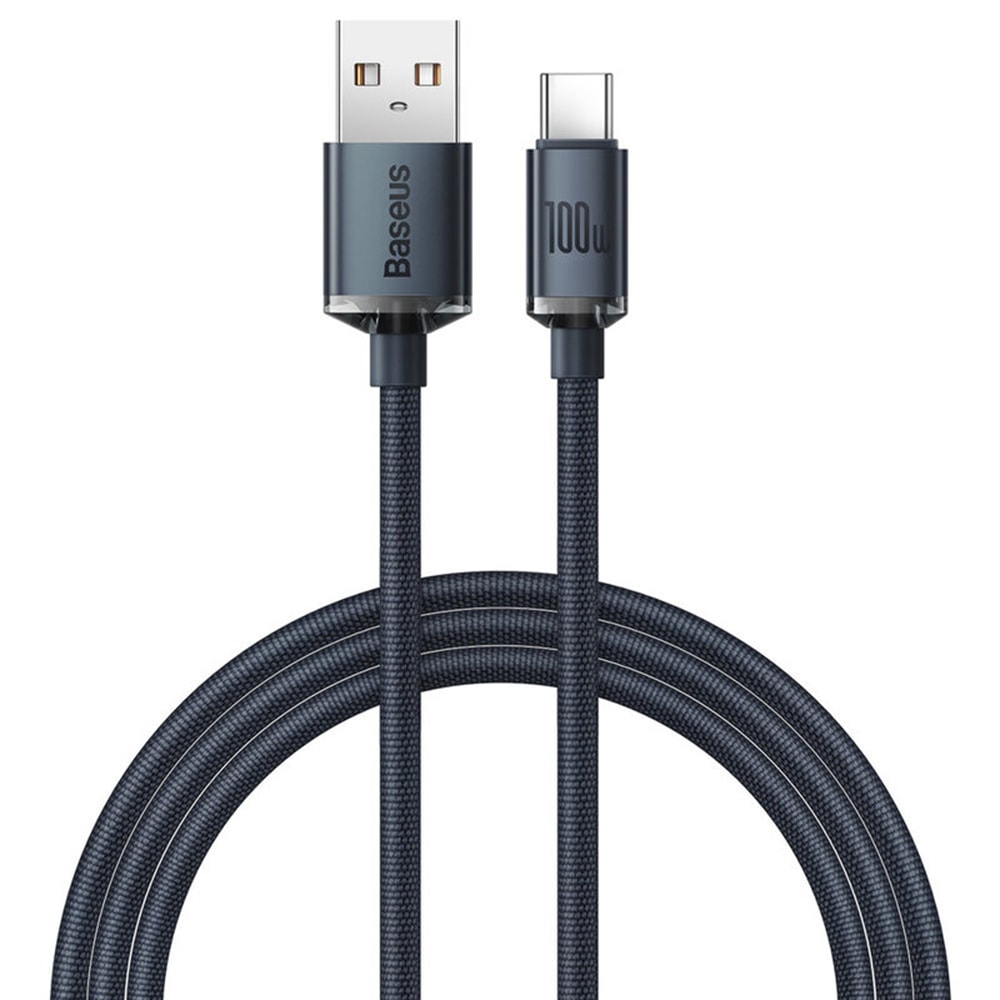 Töltő- és adatkábel Baseus "Crystal Shine" USB-A–USB-C 100W gyorstöltéssel és megerősített csatlakozókkal – 2m – fekete