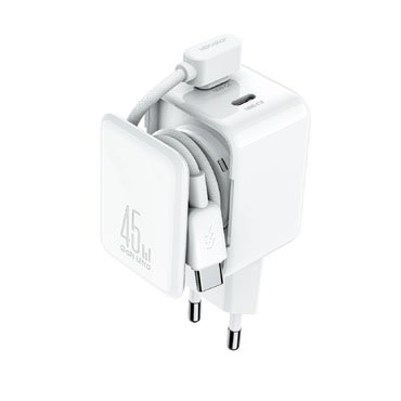 Fali töltő Joyroom 45W "TCL05" GaN technológiával, két USB-C bemenettel, kábelrendezővel és 60W USB-C–USB-C kábellel – fehér Fali töltő Joyroom 45W "TCL05" GaN technológiával, két USB-C bemenettel, kábelrendezővel és 60W USB-C–USB-C kábellel – fehér