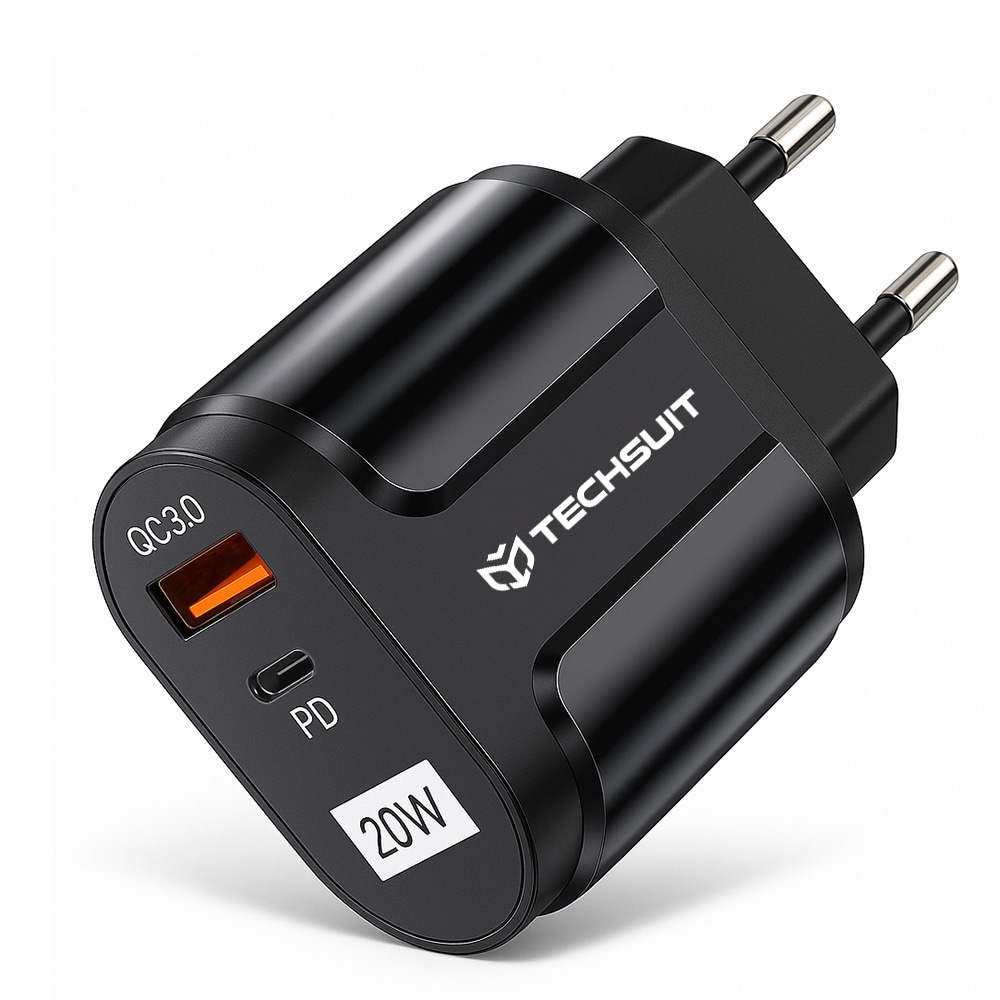 Fali töltő Techsuit "Premium" USB-A és USB-C csatlakozóval, QC 3.0 támogatással és 20W teljesítménnyel – fekete