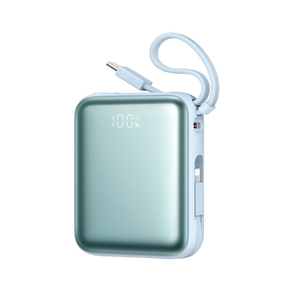 Joyroom "JR-PBF27" 10000 mAh power bank 22.5W gyorstöltéssel, beépített USB-C és Lightning kábelekkel, LED kijelzővel - kék