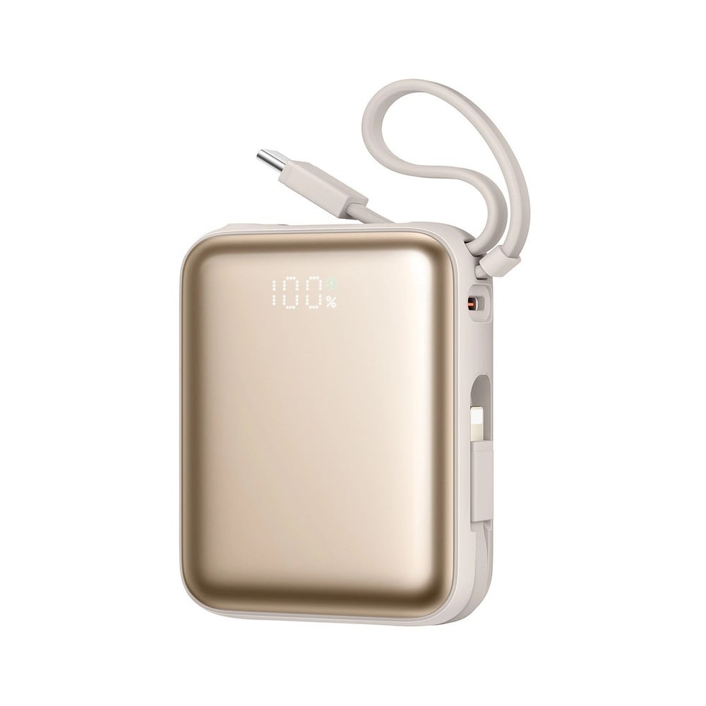 Joyroom "JR-PBF27" 10000 mAh power bank 22.5W gyorstöltéssel, beépített USB-C és Lightning kábelekkel, LED kijelzővel - arany