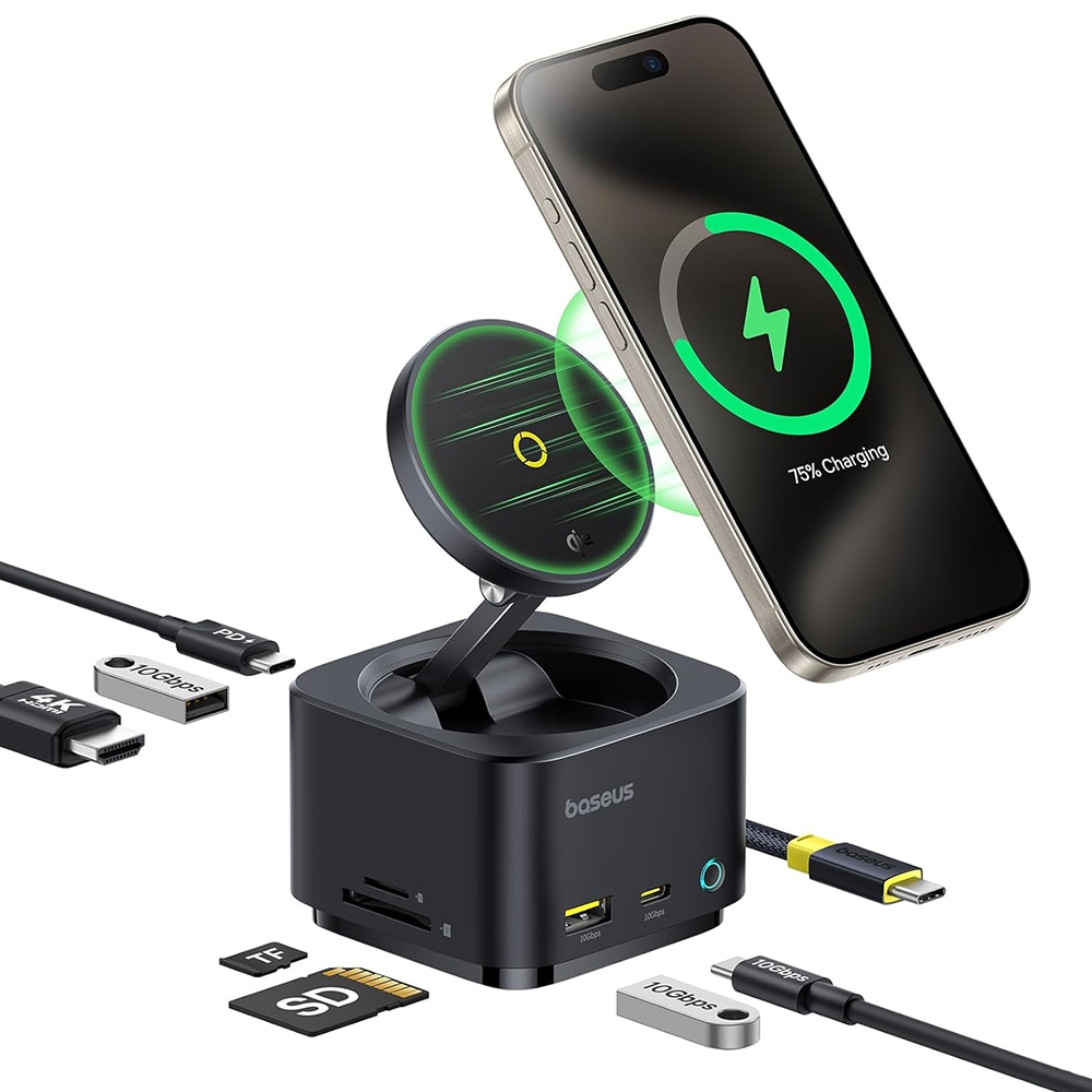 Hordozható 100W Baseus MagPro Series II 7 az 1-ben dokkoló állomás 15W Qi2 vezeték nélküli töltővel és 4K HDMI kimenettel – fekete
