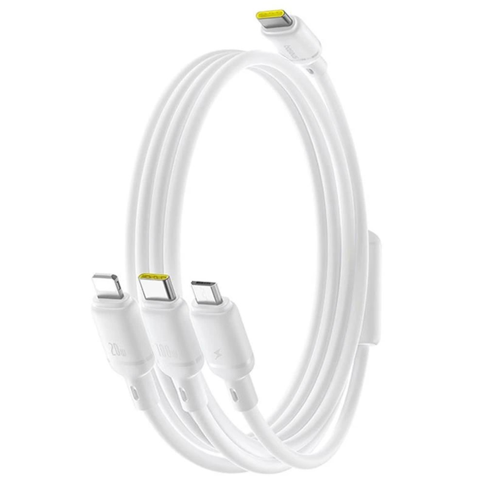 Töltő- és adatátviteli 100W kábel Baseus "Silky" 3 az 1-ben USB-C–Micro-USB, Lightning és USB-C – 1,5 m – Moon White