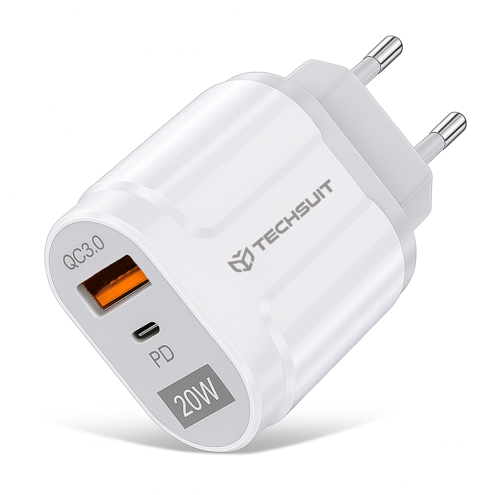 Fali töltő Techsuit "Premium" USB-A és USB-C csatlakozóval, QC 3.0 támogatással és 20W teljesítménnyel – fehér