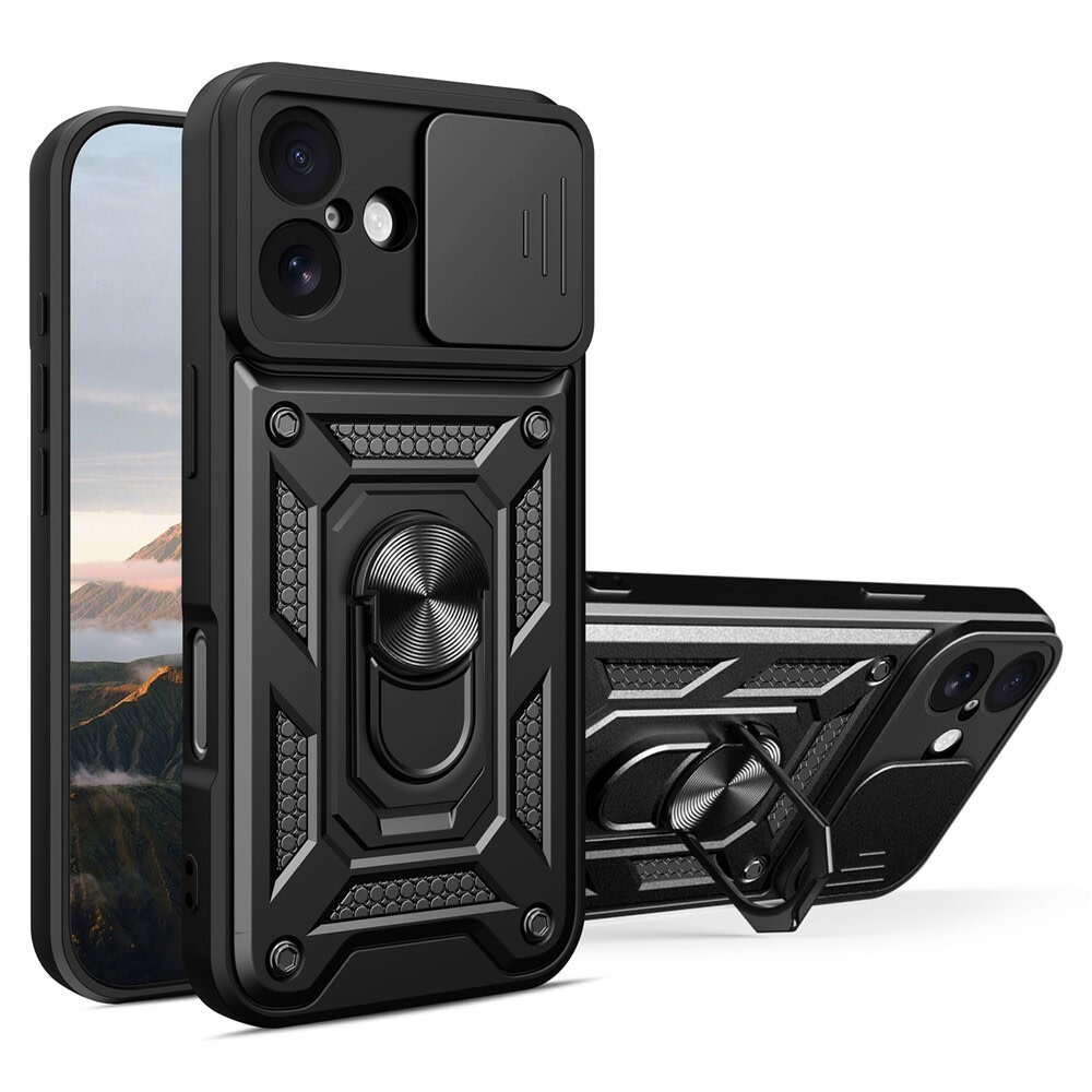 Strapabíró tok "MaX-Armor" gyűrűvel, fém lappal és hátsó kamera védelemmel iPhone 17 készülékekhez - army black