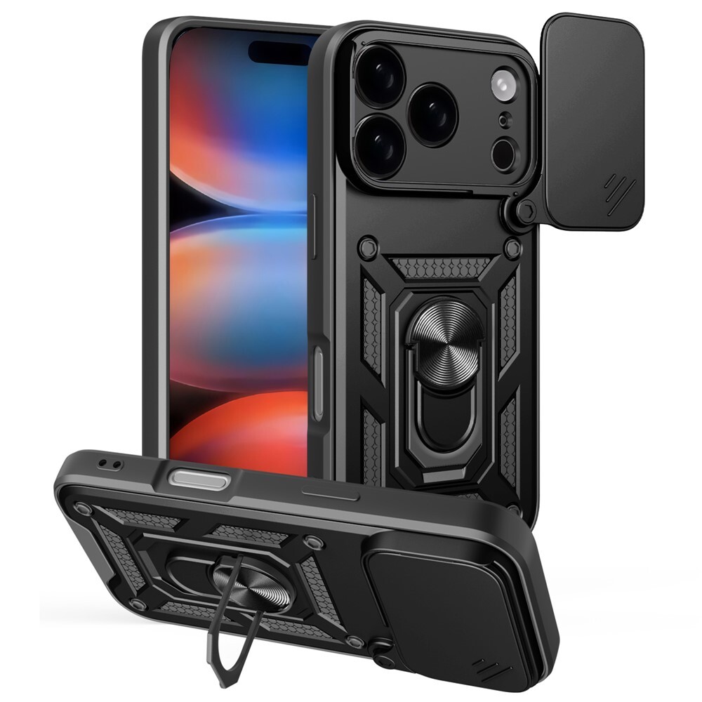 Strapabíró tok "MaX-Armor" gyűrűvel, fém lappal és hátsó kamera védelemmel iPhone 17 Pro Max készülékekhez - army black