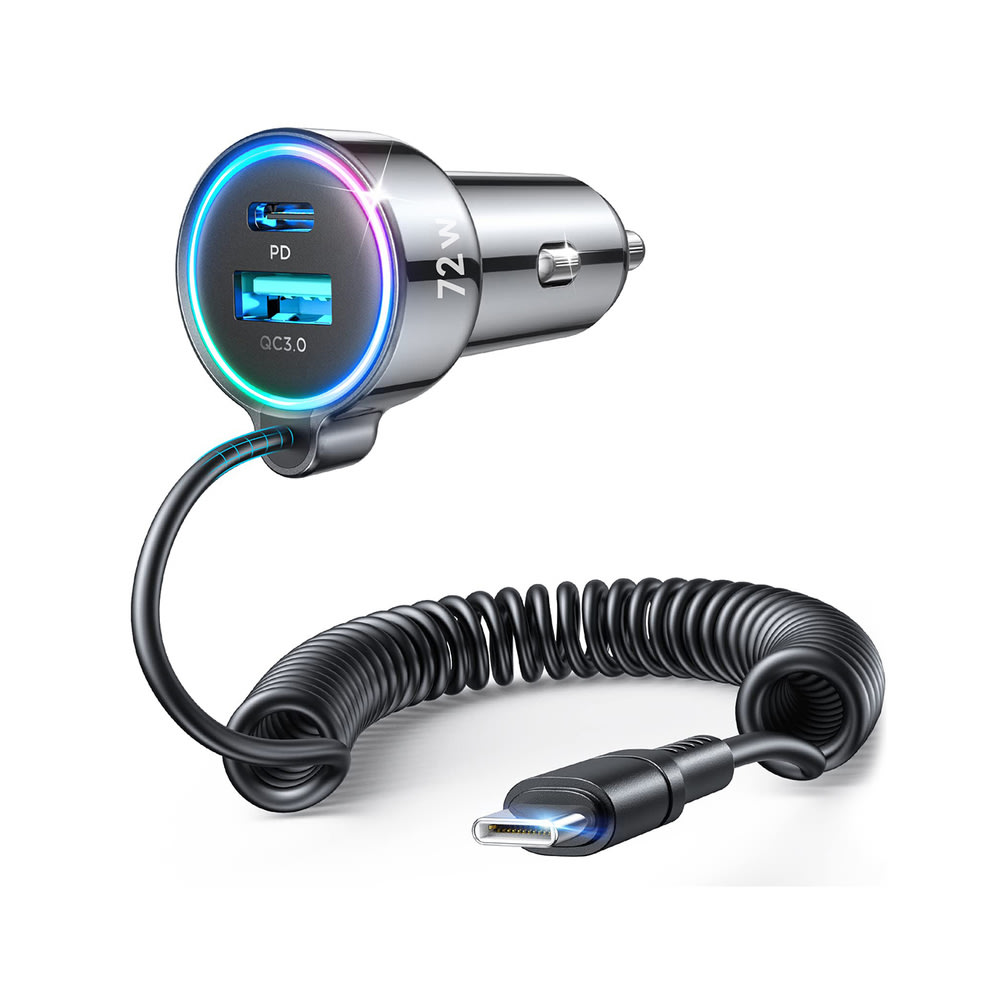 Autós töltő Joyroom "CL07" 72W - beépített USB-C töltőkábellel és USB és USB-C kimenettel és gyorstöltéssel