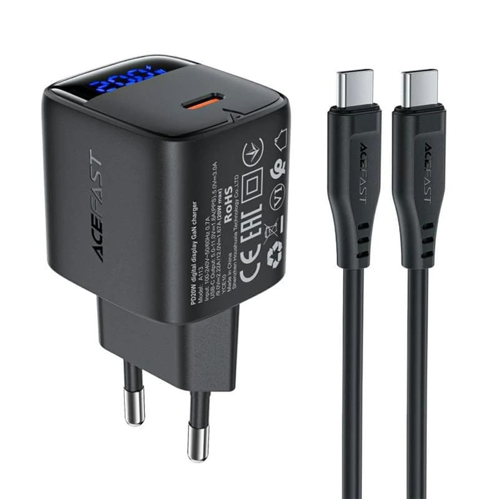 Prémium 20W fali aljzatos töltő Acefast "A113" GaN technológiával, 1× USB-C kimenettel és kábellel – fekete