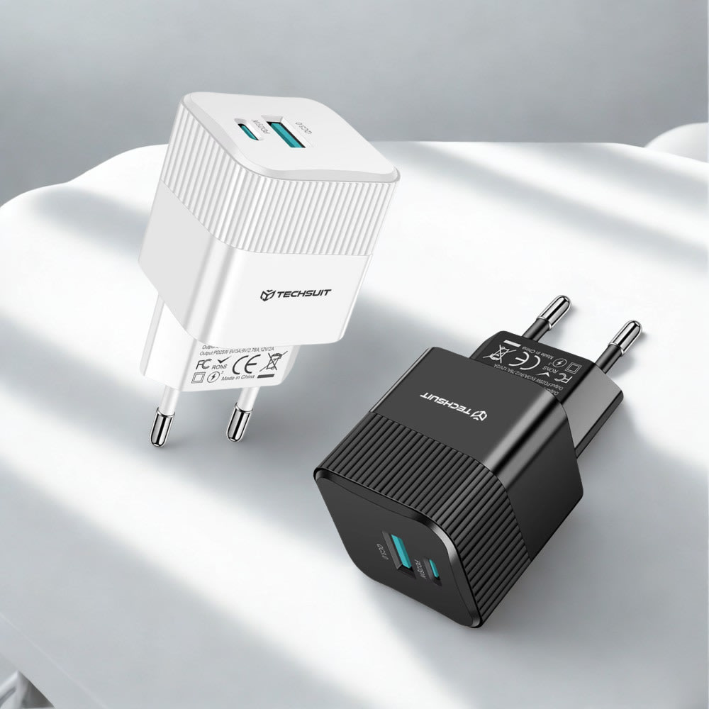 Prémium 25W fali aljzatos töltő Techsuit Tiny Series CHPD216 GaN technológiával, USB és USB-C kimenetekkel