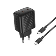 Fali töltő Lito "LC22T" PD 45W GaN technológiával, 2x USB-C bemenettel és USB-C–USB-C kábellel – fekete