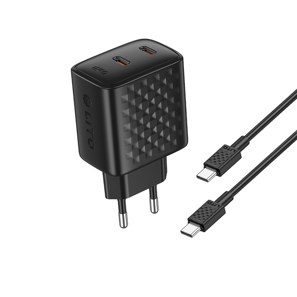 Fali töltő Lito "LC22T" PD 45W GaN technológiával, 2x USB-C bemenettel és USB-C–USB-C kábellel – fekete
