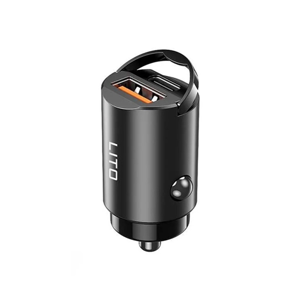 Ultramini 30W autós töltő Lito IN-C03 PD gyorstöltéssel, 1x USB-A és 1x USB-C bemenettel – fekete