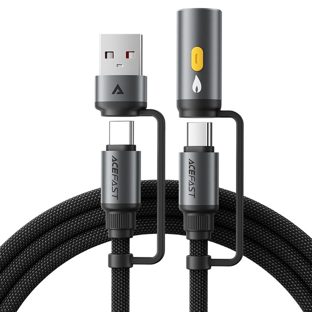 Acefast "J6" 3 az 1-ben fonott töltő- és adatkábel – USB-C–USB-C, USB-A adapterrel és cigarettagyújtó adapterrel, gyorstöltés 60W – 1,2 m – fekete