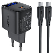 Fali töltő Acefast A115 PD30W GaN technológiával, LED teljesítménykijelzővel és mellékelt USB-C–USB-C kábellel – fekete