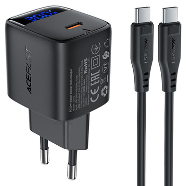 Fali töltő Acefast A115 PD30W GaN technológiával, LED teljesítménykijelzővel és mellékelt USB-C–USB-C kábellel – fekete Fali töltő Acefast A115 PD30W GaN technológiával, LED teljesítménykijelzővel és mellékelt USB-C–USB-C kábellel – fekete