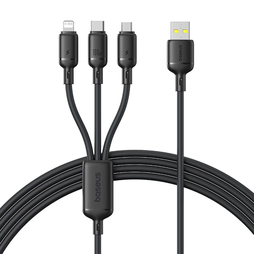 Baseus "Rapid Series" töltőkábel – 3 az 1-ben USB–USB-C, Lightning és Micro USB csatlakozókkal, gyorstöltés 100W – 1,5 m – fekete