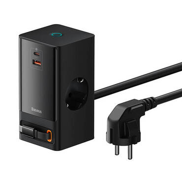 Baseus "PowerCombo" 65W kombinált töltő és elosztó – egy USB-C és egy USB-A bemenettel, kihúzható USB-C kábellel és konnektorral – fekete