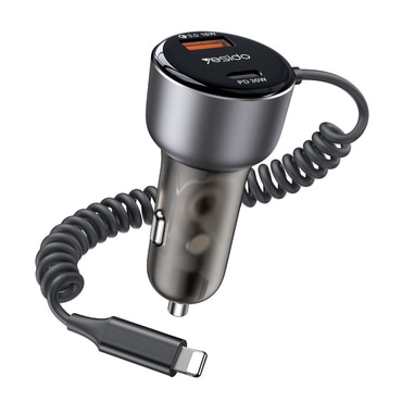 Autós töltő Yesido Y57 50W beépített Lightning kábellel és USB-C + USB-A csatlakozókkal - fekete Autós töltő Yesido Y57 50W beépített Lightning kábellel és USB-C + USB-A csatlakozókkal - fekete