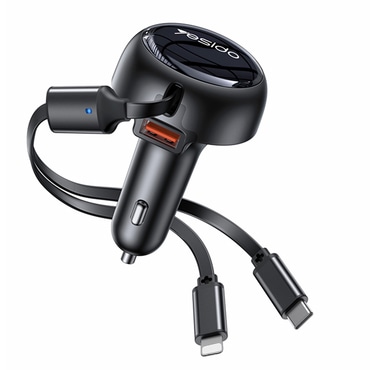 Auto punjač Yesido "Y61" 53W s ugrađenim Type-C i Lightning kabelima te dodatnim USB-A priključkom - crni Auto punjač Yesido "Y61" 53W s ugrađenim Type-C i Lightning kabelima te dodatnim USB-A priključkom - crni