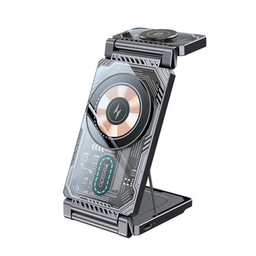 Vezeték nélküli, összecsukható 15W QI 2 az 1-ben töltőállomás Yesido "DS25" gyors töltéssel és beépített állvánnyal – fekete