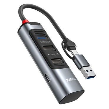 HUB állomás Yesido 4 az 1-ben "HB19" négy USB kimenettel – 3× USB-A, 1× USB-C – 100W és 5Gbps – szürke – USB-C és USB-A csatlakozó