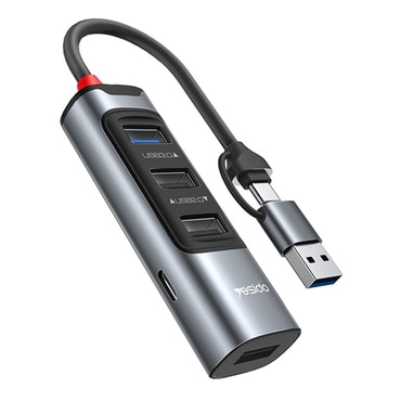 HUB állomás Yesido 5 az 1-ben "HB20" öt USB kimenettel – 4× USB-A, 1× USB-C – 100W és 5Gbps – szürke – USB-C és USB-A csatlakozó