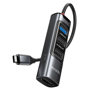 HUB állomás Yesido 5 az 1-ben "HB23" négy USB kimenettel – 3× USB-A, 1× USB-C és DisplayPort – 100W, 5Gbps és 4K – szürke – USB-C csatlakozó