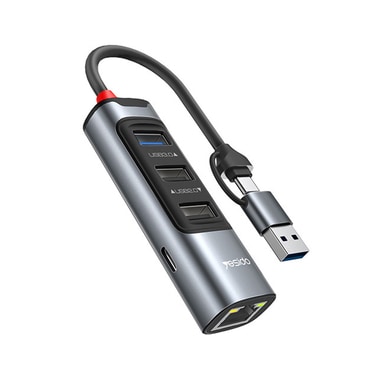 HUB állomás Yesido 5 az 1-ben "HB21" négy USB kimenettel – 3× USB-A, 1× USB-C és Ethernet RJ45 – 100W, 5Gbps és 100Mbps – szürke – USB-C és USB-A csatlakozó