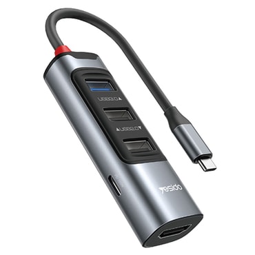 HUB állomás Yesido 5 az 1-ben "HB22" négy USB kimenettel – 3× USB-A, 1× USB-C és HDMI – 100W, 5Gbps és 4K – szürke – USB-C csatlakozó