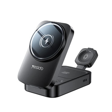 3 az 1-ben Yesido "DS27" vezeték nélküli töltőállomás telefon, okosóra és fülhallgató egyidejű töltésére – minden Qi-kompatibilis eszközhöz - fekete