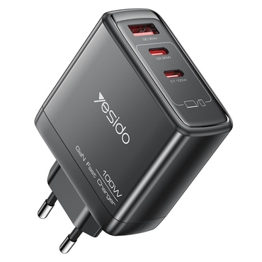 Yesido „YC142” 100W GaN fali töltő gyorstöltéssel, 2× USB-C és 1× USB-A porttal – fekete