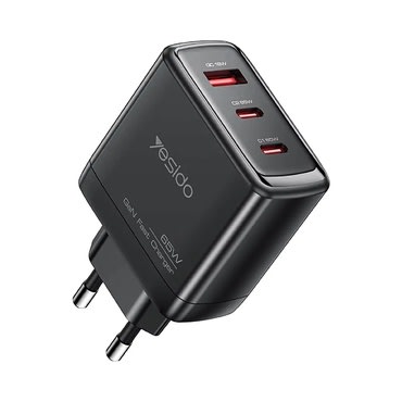 Yesido „YC144C” 65W GaN fali töltő gyorstöltéssel, 2× USB-C és 1× USB-A porttal, 1 m-es USB-C kábellel – fekete
