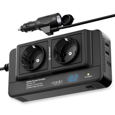 Techsuit PowerDriveX IA2 autós inverter 200W teljesítménnyel, 2x 220V AC, Type-C és 2x USB-A kimenettel - fekete