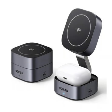 Ugreen W702 3in1 vezeték nélküli töltő MagSafe-szel, Qi2 gyorstöltéssel és összecsukható kialakítással - fekete