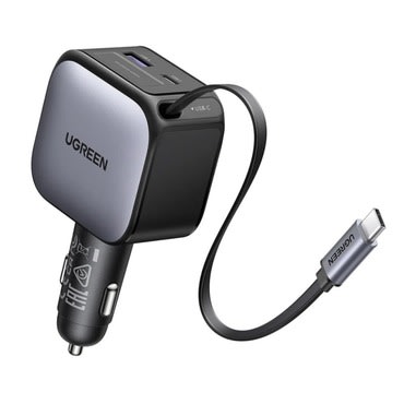 Ugreen EC602 60W autós töltő kihúzható USB-C kábellel és két további kimenettel – szürke