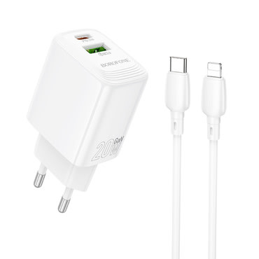 20W GaN fali adapter Borofone Fuente BN27 USB és USB-C kimenettel – töltő + Lightning kábel – fehér