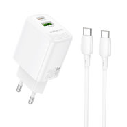 30W GaN fali adapter Borofone Fuente BN29 USB és USB-C kimenettel – töltő + USB-C kábel – fehér